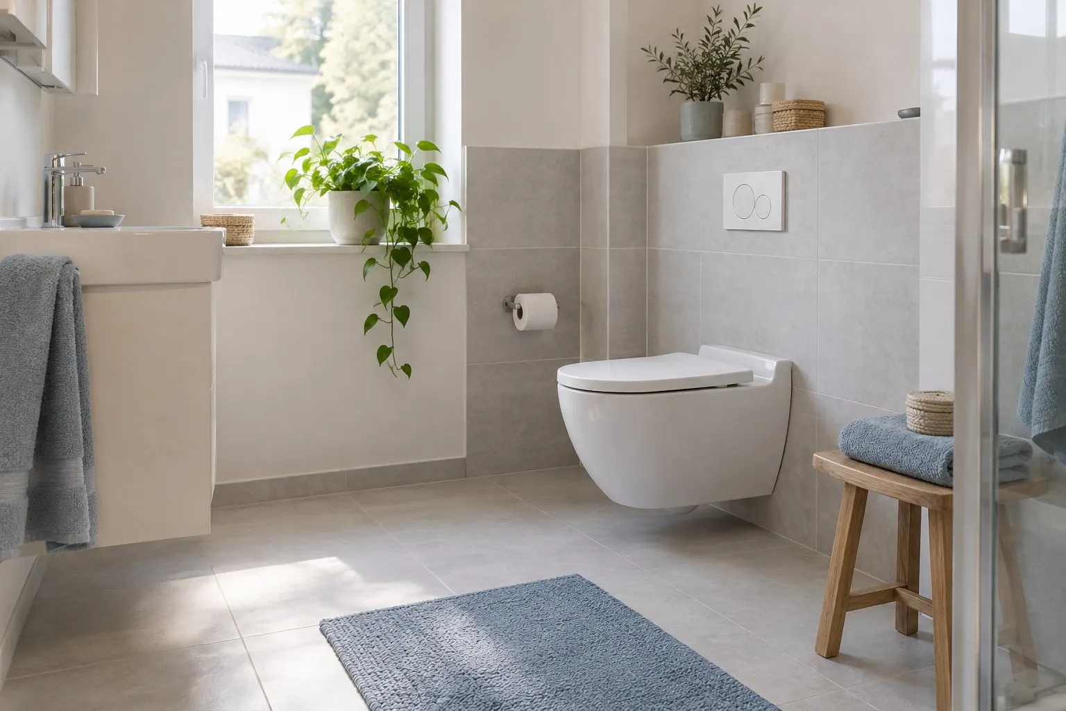 Symbolbild: helles Badezimmer mit Wand-WC vor grauen Fliesen