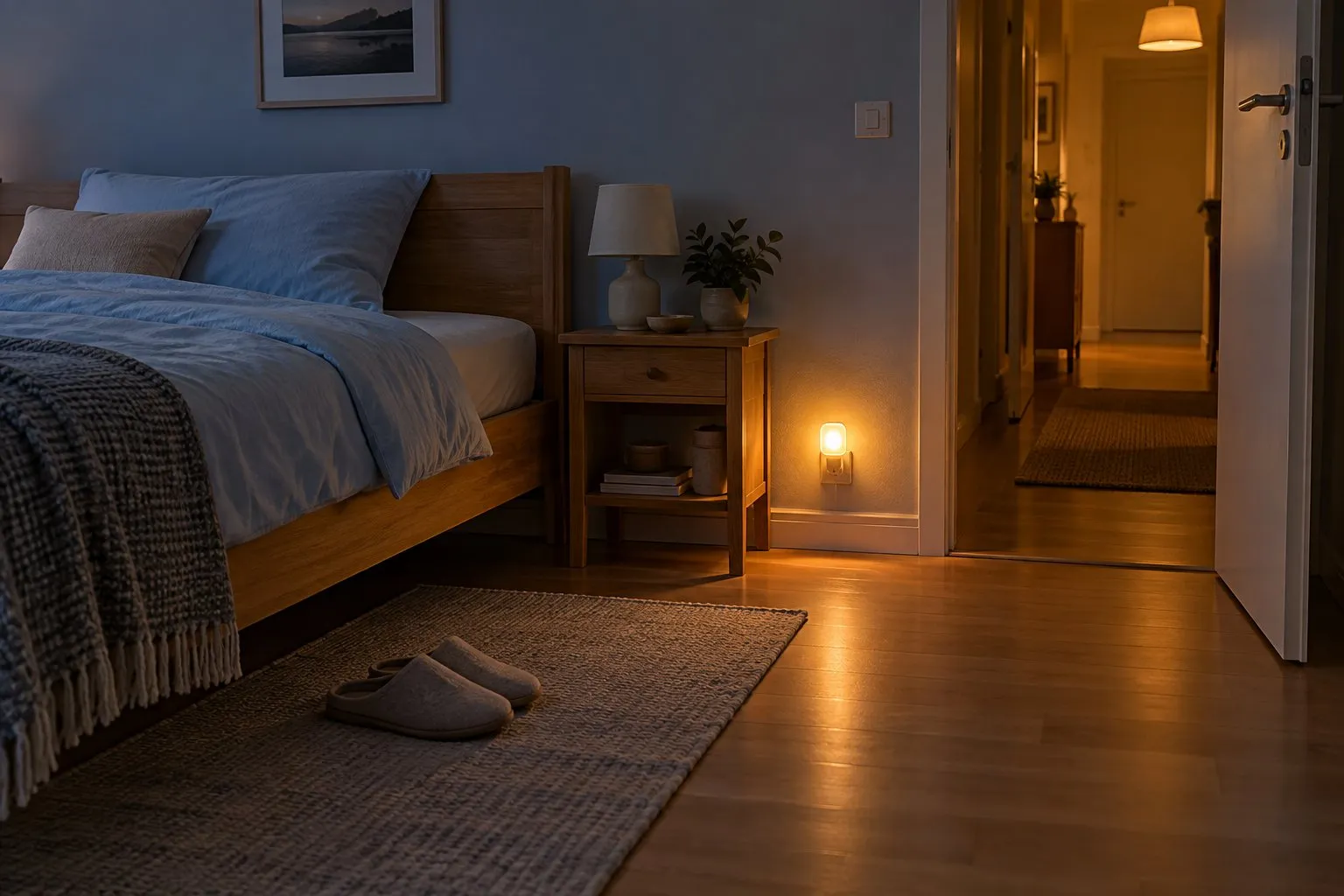 Symbolbild (KI-generiert): Schlafzimmer bei Nacht, ein kleines Steckdosen-Nachtlicht neben dem Nachttisch beleuchtet den Boden, Hausschuhe vor dem Bett, die Tür zum beleuchteten Flur steht offen